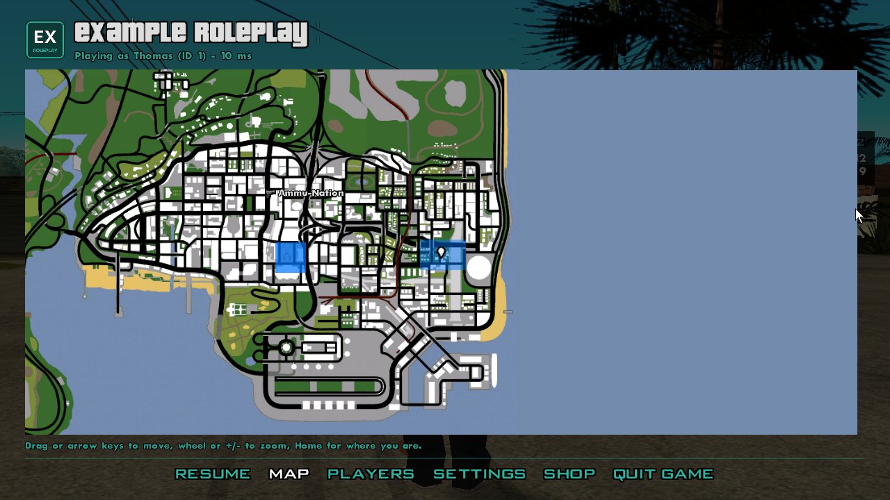 The pause menu's map with markers and overlays